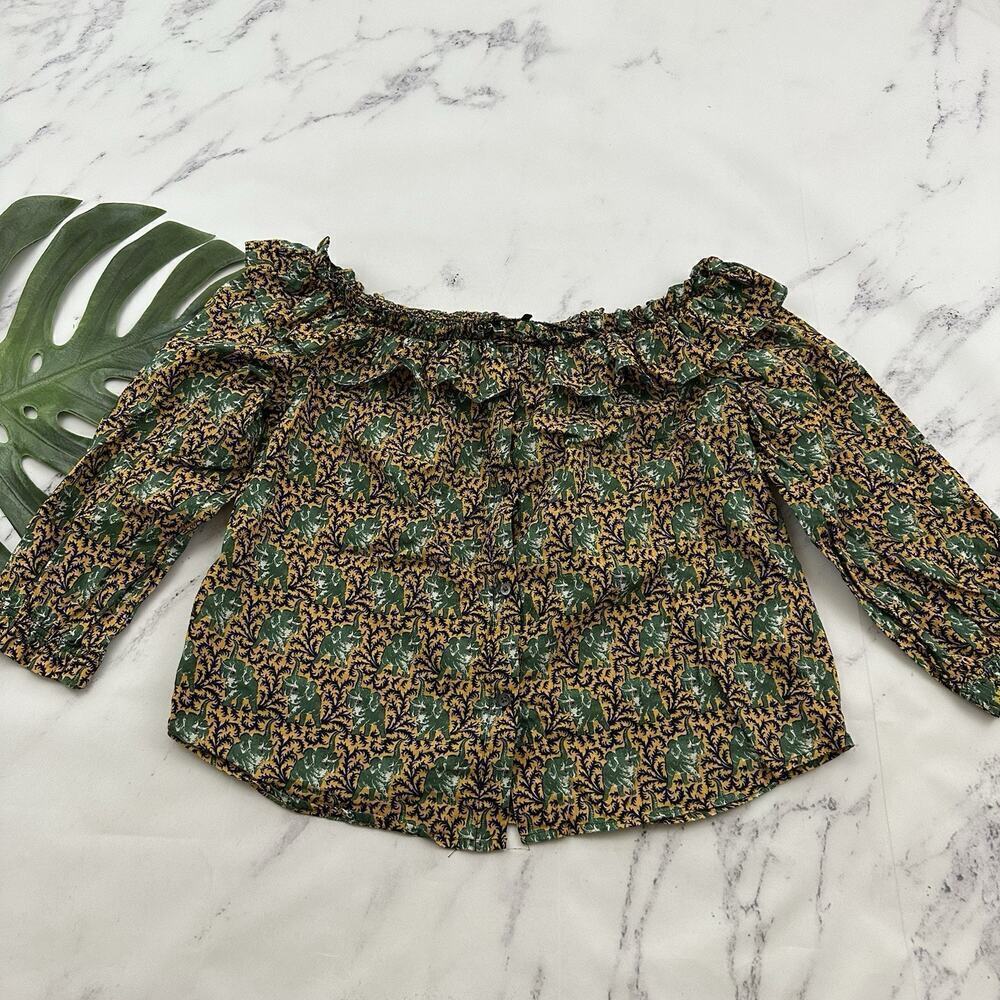 J.Crew Womens Off Shoulder Ratti Top Size M Yellow Green Elephants Ruffle Button